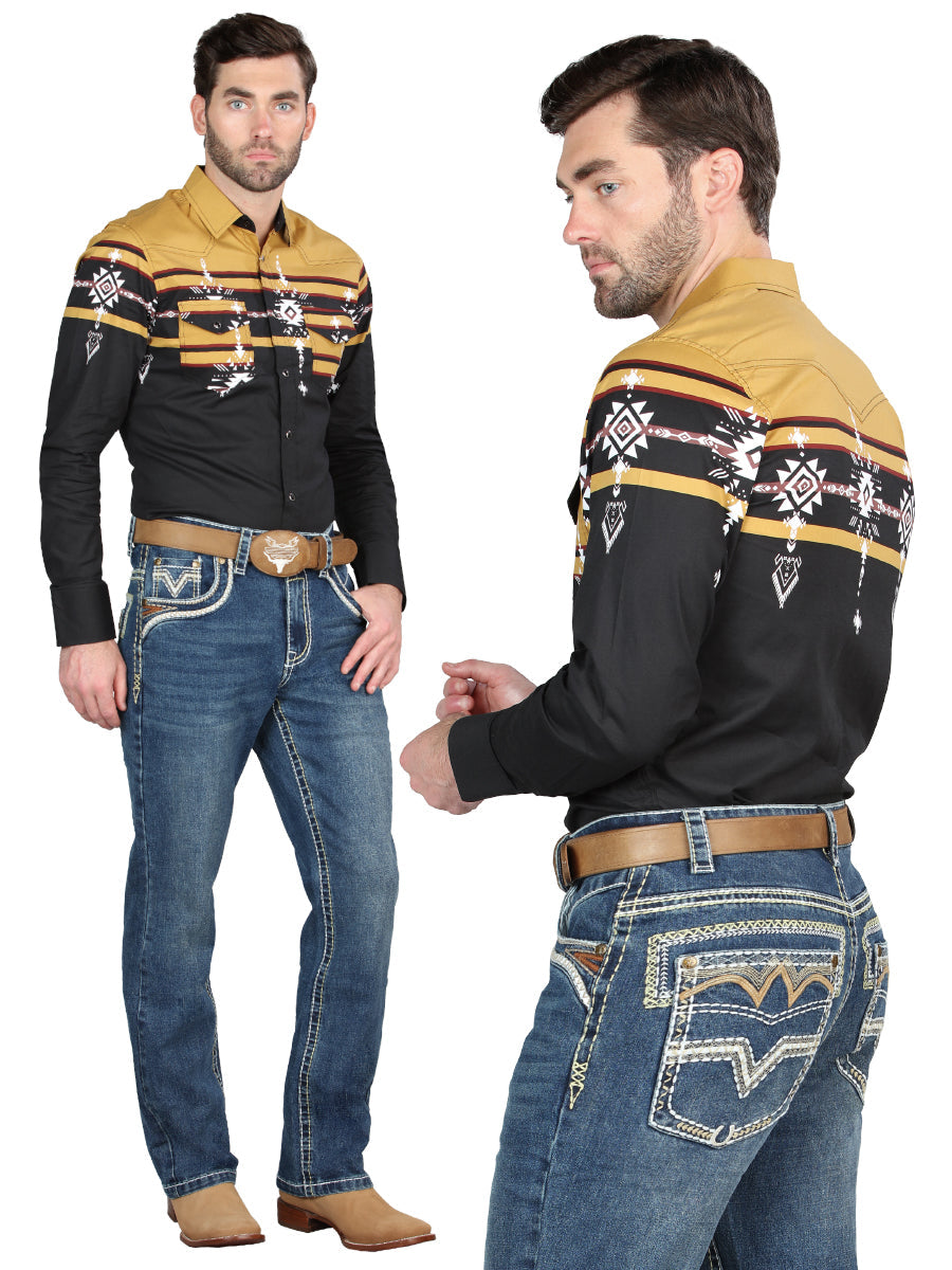 Pantalon Vaquero de Mezclilla Premium Boot Cut, Bordado Stretch Azul Oscuro para Hombre 'Centenario' - ID: 45023 Pantalones de Vaquero Centenario Dark Blue