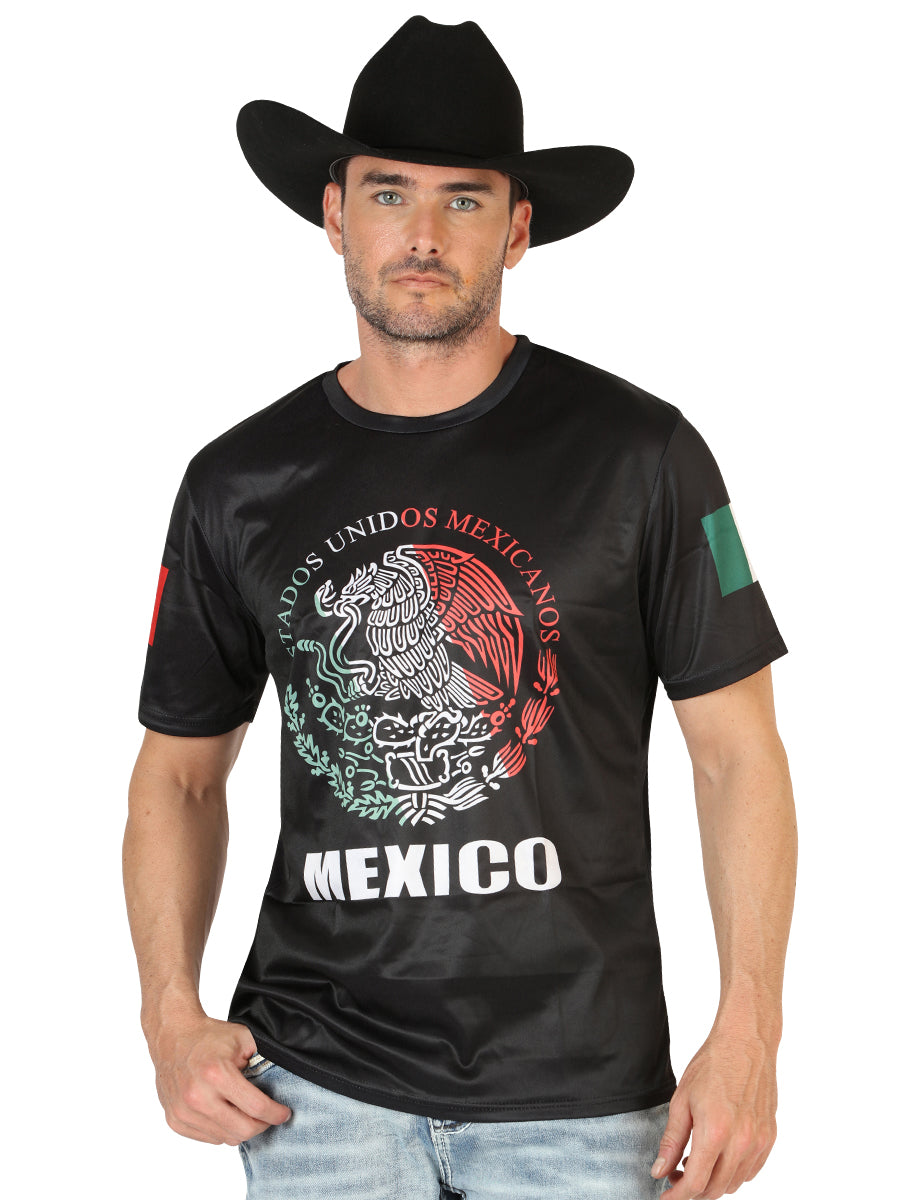 Playera Manga Corta, Bandera Mexico Negro para Hombre 'El General' - ID: 45218 Playeras El General Black