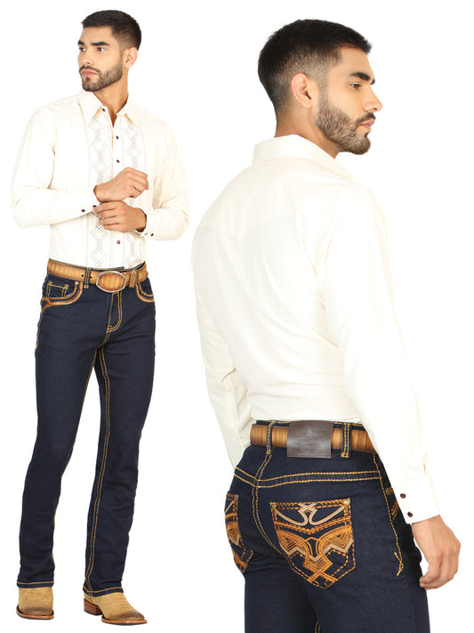 Pantalon Vaquero de Mezclilla Boot Cut, Bordado Stretch Azul Oscuro para Hombre 'El General' - ID: 45855 Pantalones de Vaquero El General Dark Blue
