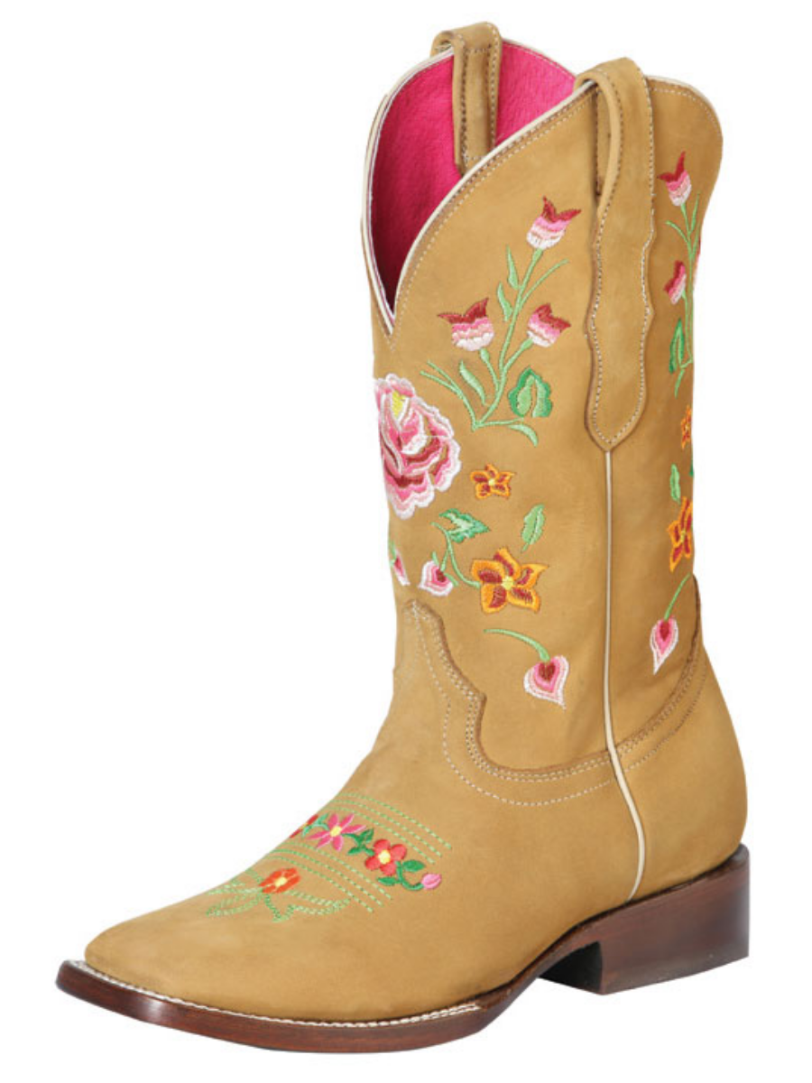 Botas Vaqueras Rodeo con Tubo Bordado de Flores de Piel Nobuck para Mujer 'El General' - ID: 51121 Botas Rodeo Piel Nobuck El General Miel