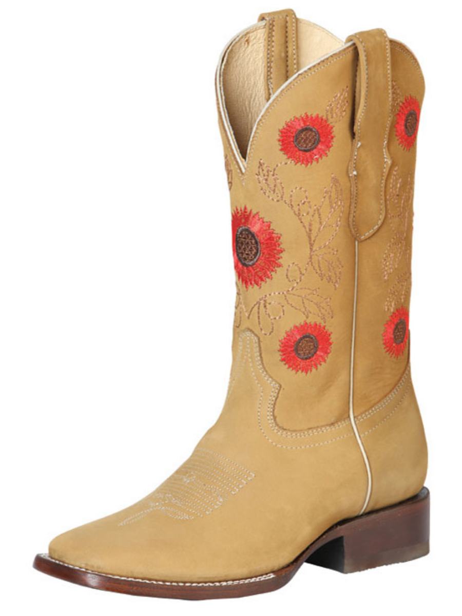 Botas Vaqueras Rodeo con Tubo Bordado de Flores de Piel Nobuck para Mujer 'El General' - ID: 51125 Botas Rodeo Piel Nobuck El General Miel