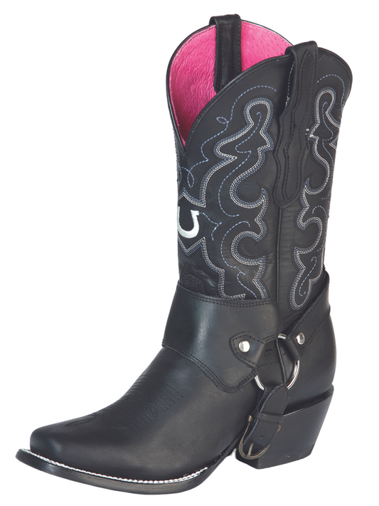 Botas Vaqueras Rodeo con Arnes de Piel Genuina para Mujer 'El General' - ID: 51135 Botas Rodeo Piel Genuina El General Negro