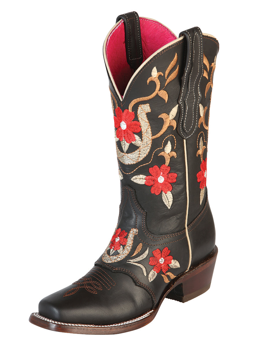 Mask Rodeo Cowboy Boots with Genuine Leather Flower Embroidered Tube for Women 'El General' - ID: 51139