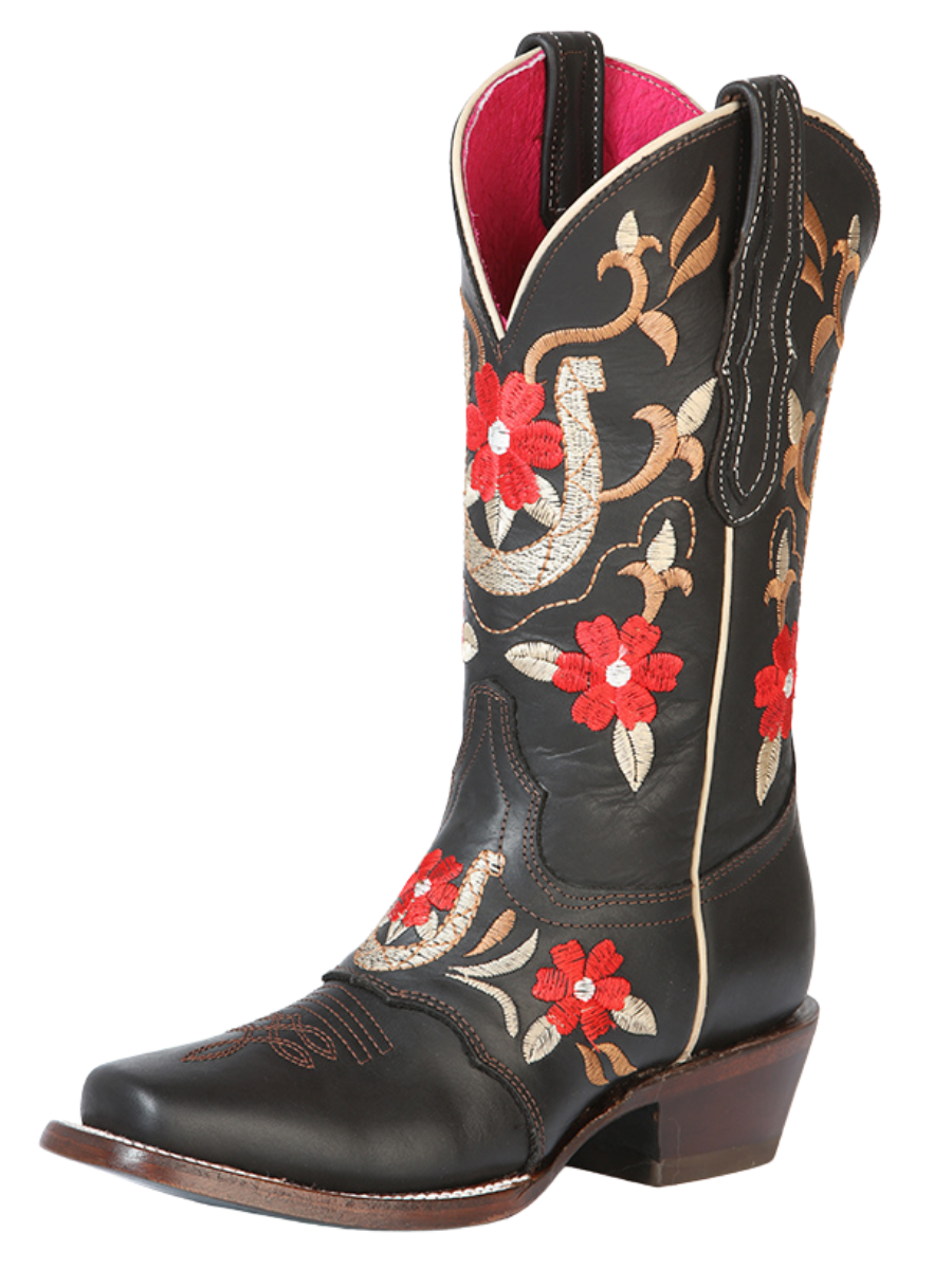 Botas Vaqueras Rodeo de Antifaz con Tubo Bordado de Flores de Piel Genuina para Mujer 'El General' - ID: 51139 Botas Rodeo Piel Genuina El General Choco