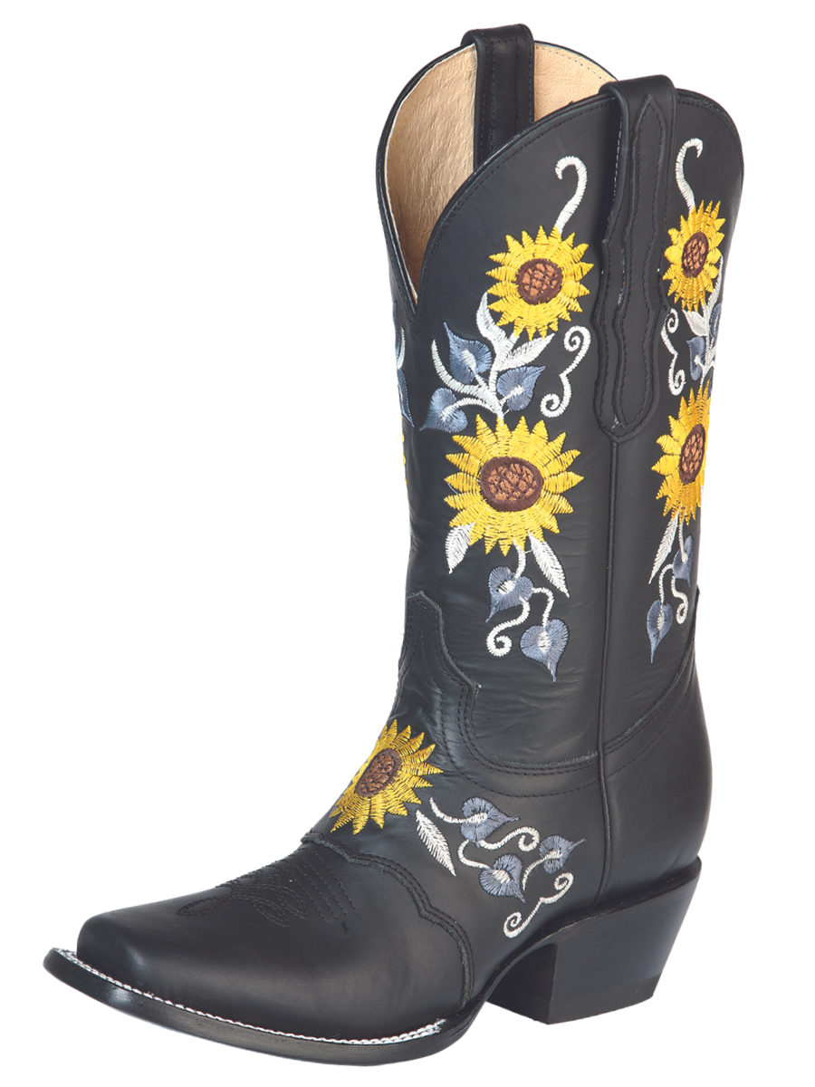 Botas Vaqueras Rodeo de Antifaz con Tubo Bordado de Girasoles de Piel Genuina para Mujer 'El General' - ID: 51140 Botas Rodeo Piel Genuina El General Negro