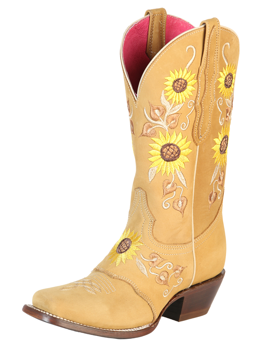 Botas Vaqueras Rodeo de Antifaz con Tubo Bordado de Girasoles de Piel Nobuck para Mujer 'El General' - ID: 51143 Botas Rodeo Piel Nobuck El General Miel