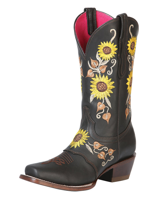 Botas Vaqueras Rodeo de Antifaz con Tubo Bordado de Girasoles de Piel Genuina para Mujer 'El General' - ID: 51144 Botas Rodeo Piel Genuina El General Choco