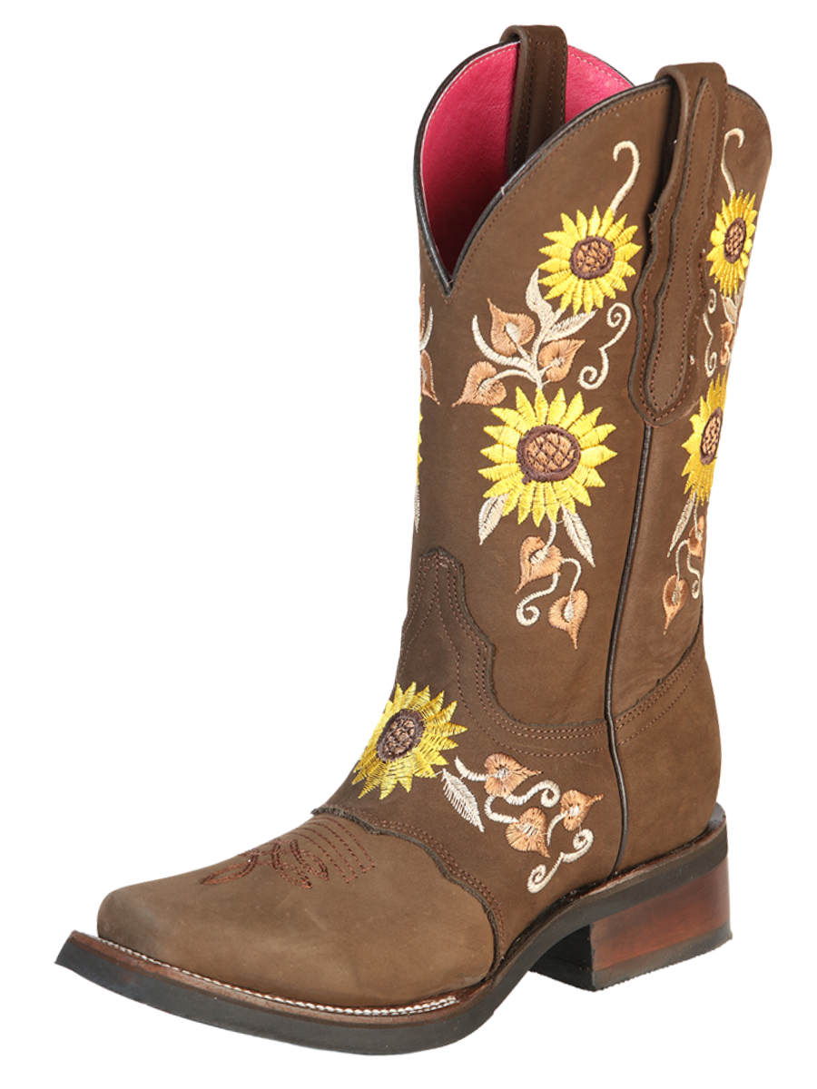 Botas Vaqueras Rodeo de Antifaz con Tubo Bordado de Girasoles de Piel Nobuck para Mujer 'El General' - ID: 51148 Botas Rodeo Piel Nobuck El General Camel