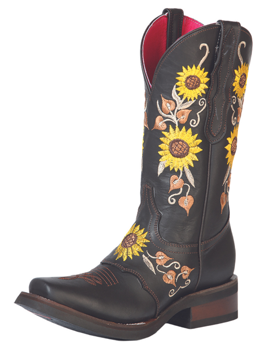 Botas Vaqueras Rodeo de Antifaz con Tubo Bordado de Girasoles de Piel Genuina para Mujer 'El General' - ID: 51149 Botas Rodeo Piel Genuina El General Choco