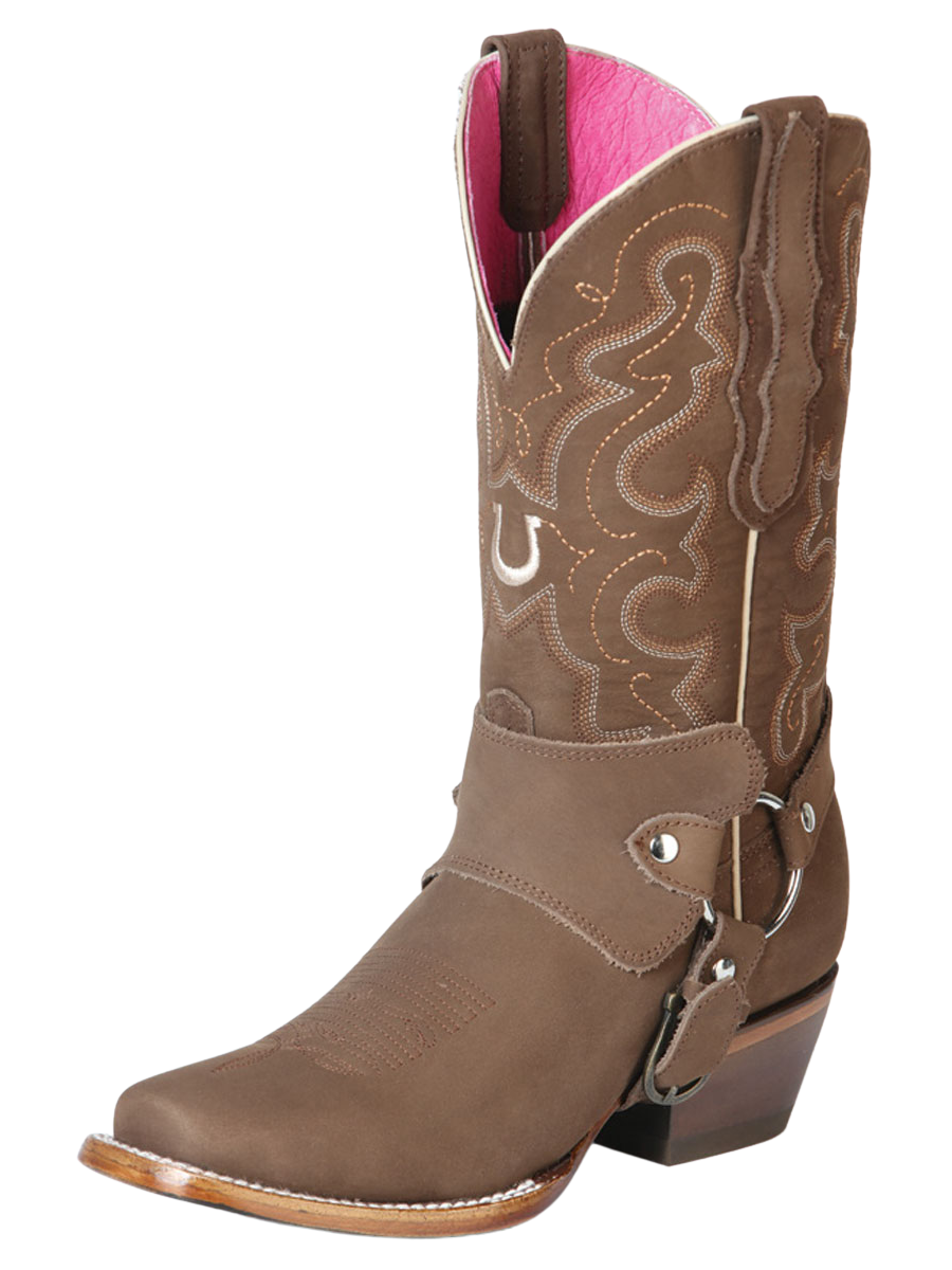 Botas Vaqueras Rodeo con Arnes de Piel Nobuck para Mujer 'El General' - ID: 51150 Botas Rodeo Piel Nobuck El General Camel