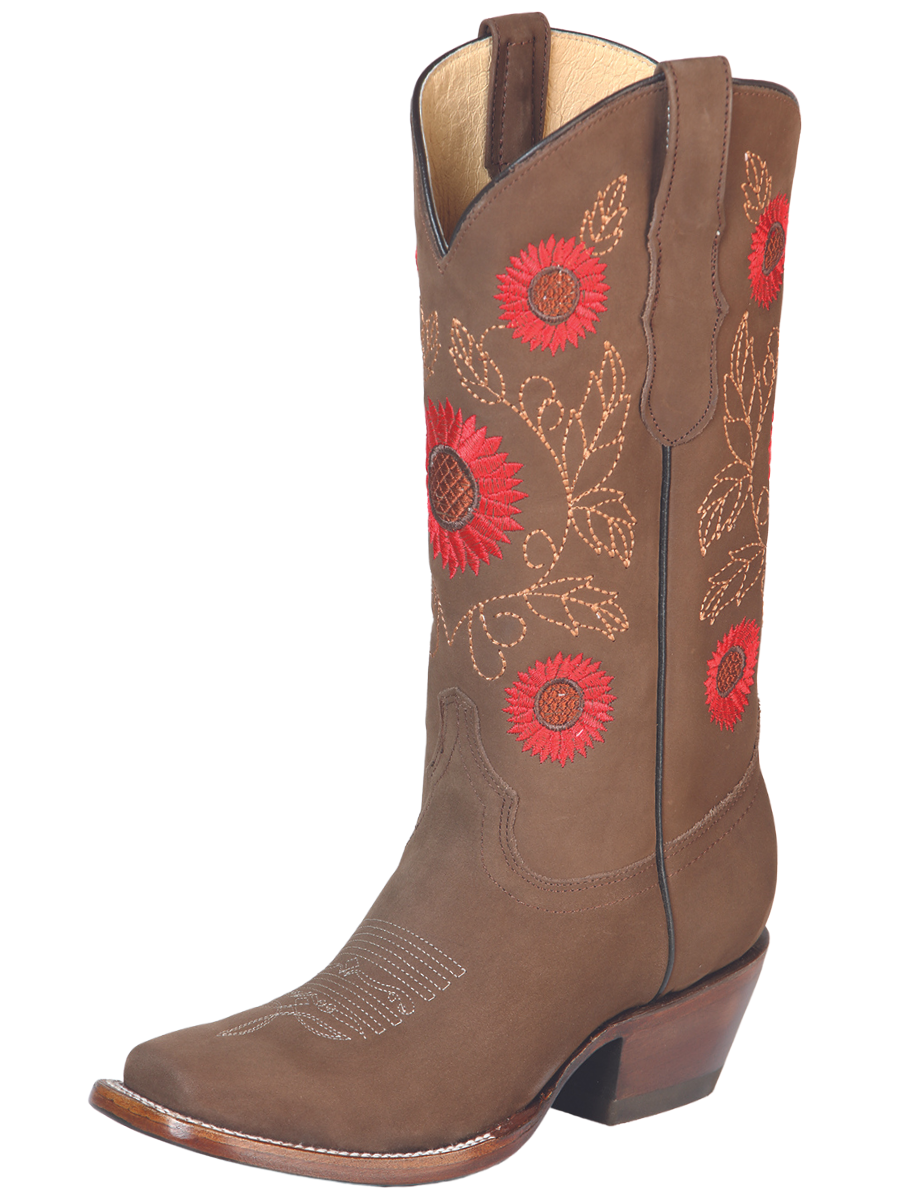 Botas Vaqueras Rodeo con Tubo Bordado de Flores de Piel Nobuck para Mujer 'El General' - ID: 51162 Botas Rodeo Piel Nobuck El General Camel