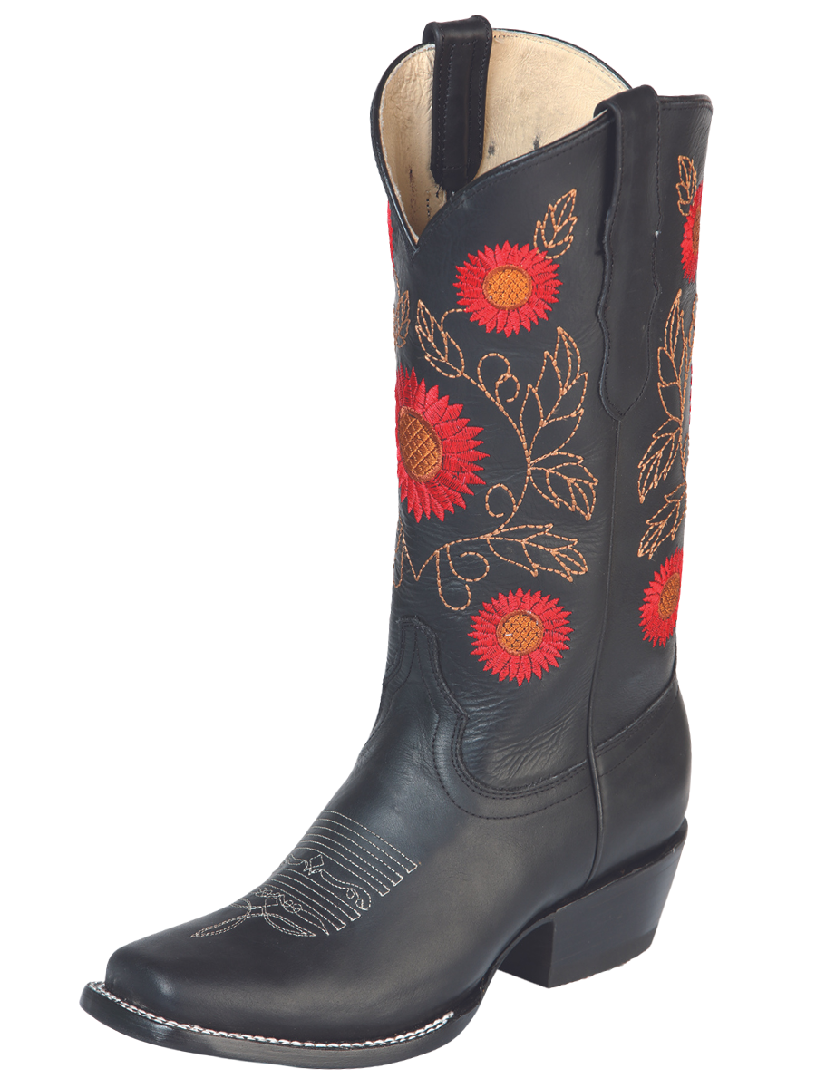 Botas Vaqueras Rodeo con Tubo Bordado de Flores de Piel Genuina para Mujer 'El General' - ID: 51163 Botas Rodeo Piel Genuina El General Negro