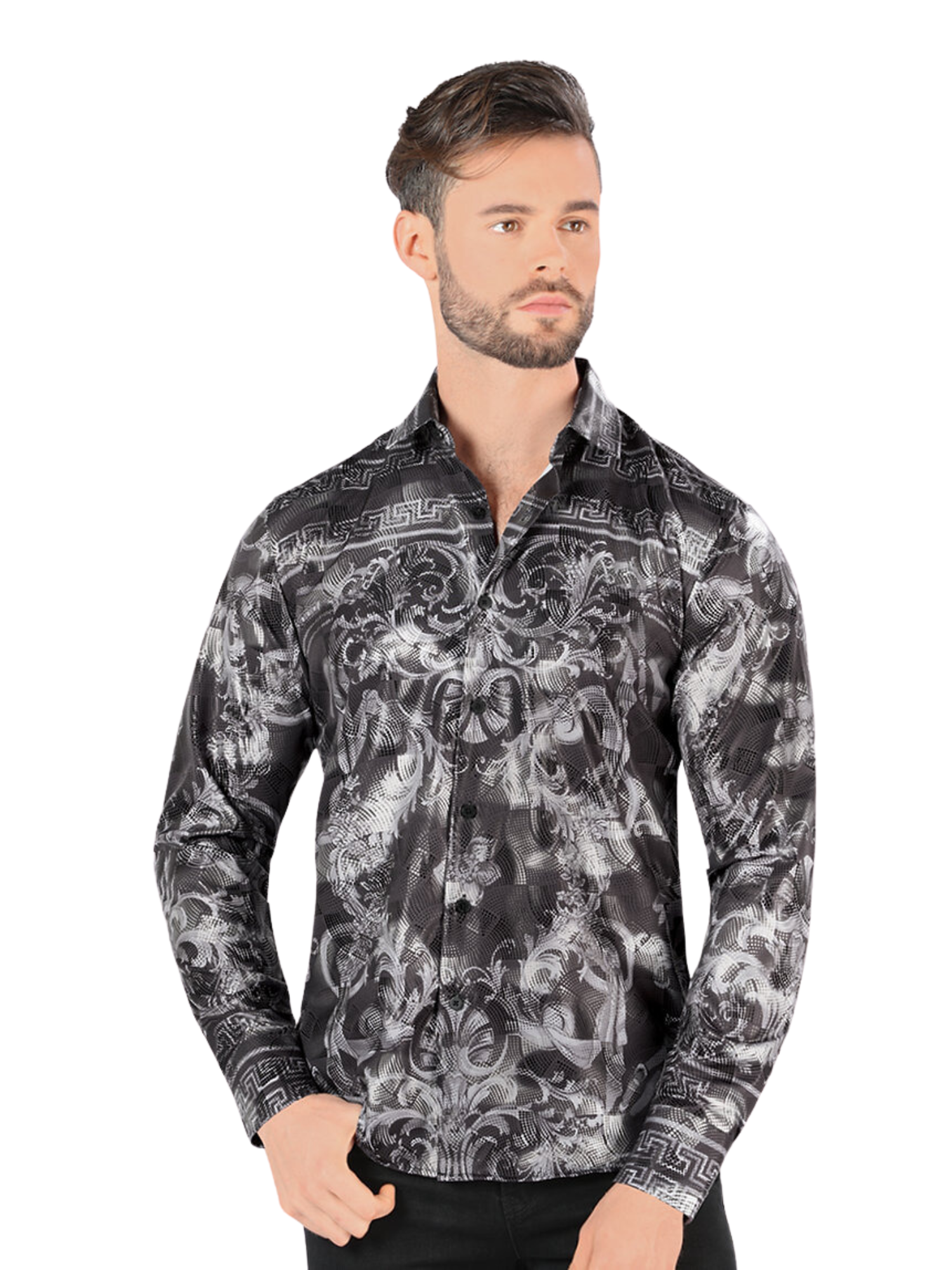 Camisa Casual Manga Larga Estampada para Hombre 'Montero' - ID: 0798 Camisas Estampadas Montero Black