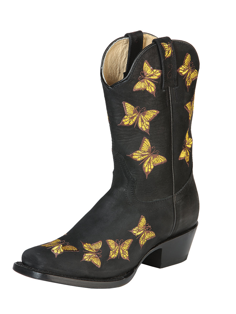 Botas Vaqueras Rodeo con Bordado de Mariposas de Piel Nobuck para Mujer 'El General' - ID: 51220 Botas Rodeo Piel Nobuck El General Negro