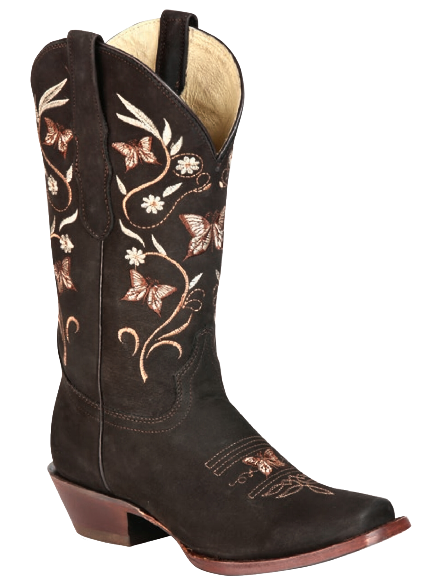 Botas Vaqueras Rodeo con Tubo Bordado de Mariposas de Piel Nobuck para Mujer 'El General' - ID: 51227 Botas Rodeo Piel Nobuck El General 