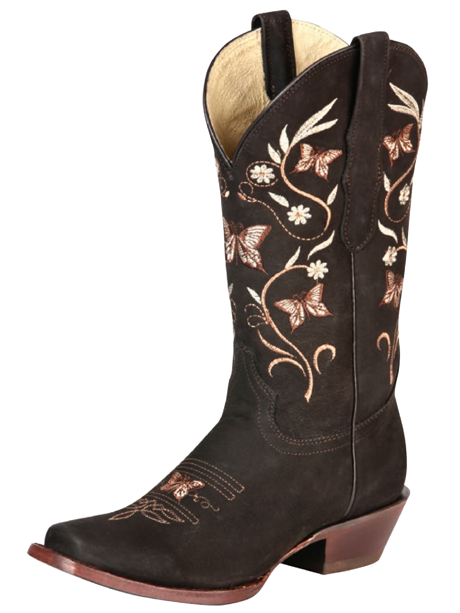 Botas Vaqueras Rodeo con Tubo Bordado de Mariposas de Piel Nobuck para Mujer 'El General' - ID: 51227 Botas Rodeo Piel Nobuck El General Cafe