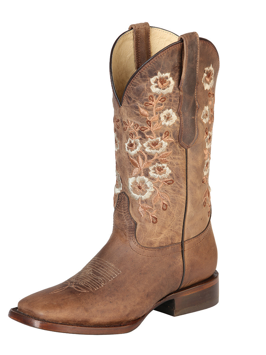 Botas Vaqueras Rodeo con Tubo Bordado de Flores de Piel Genuina para Mujer 'El General' - ID: 51231 Botas Rodeo Piel Genuina El General Orix
