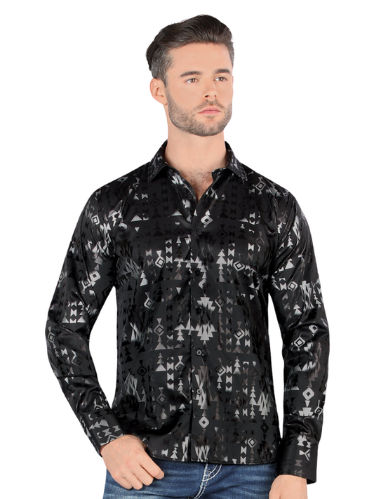 Camisa Casual Manga Larga Estampada para Hombre 'Montero' - ID: 0807 Camisas Estampadas Montero Black