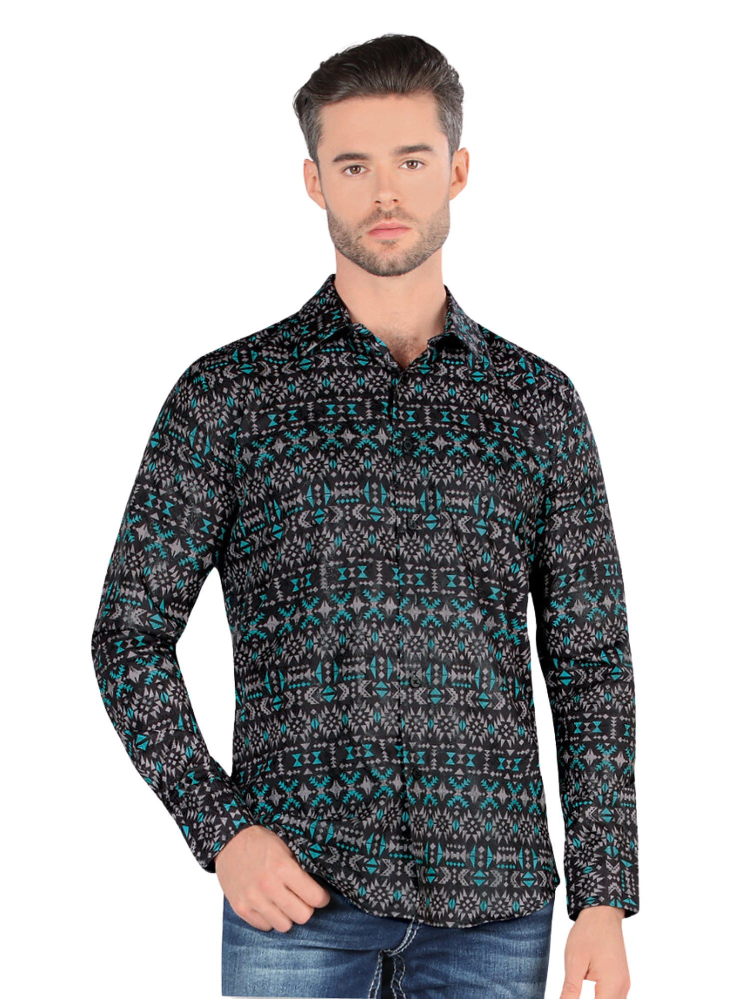 Camisa Casual Manga Larga Estampada para Hombre 'Montero' - ID: 0451 Camisas Estampadas Montero Black