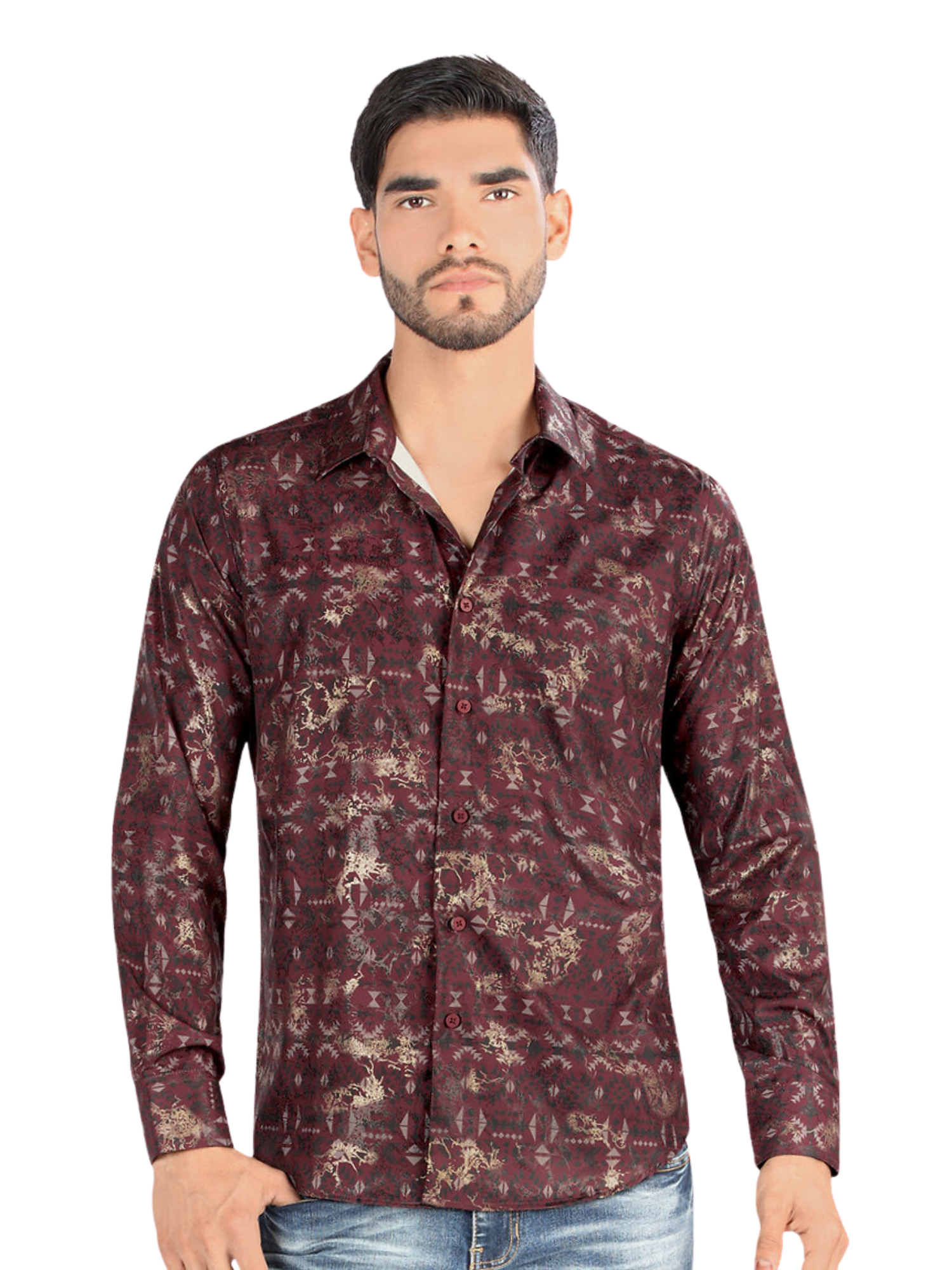 Camisa Casual Manga Larga Estampada para Hombre 'Montero' - ID: 0451 Camisas Estampadas Montero Wine