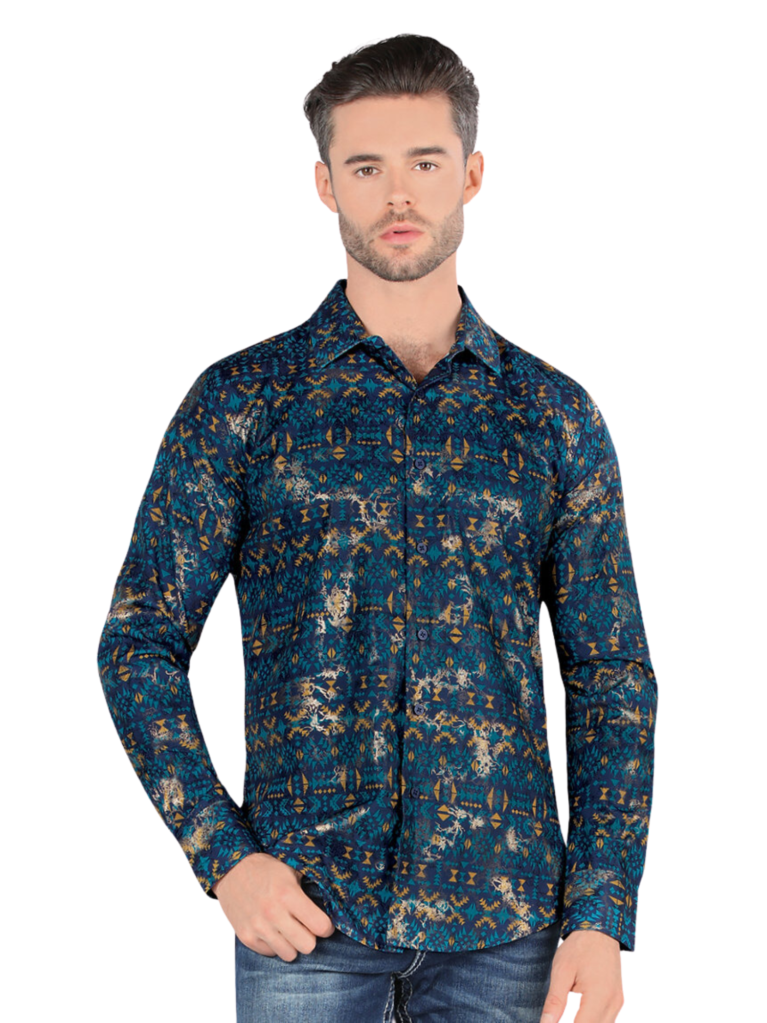 Camisa Casual Manga Larga Estampada para Hombre 'Montero' - ID: 0451 Camisas Estampadas Montero Navy