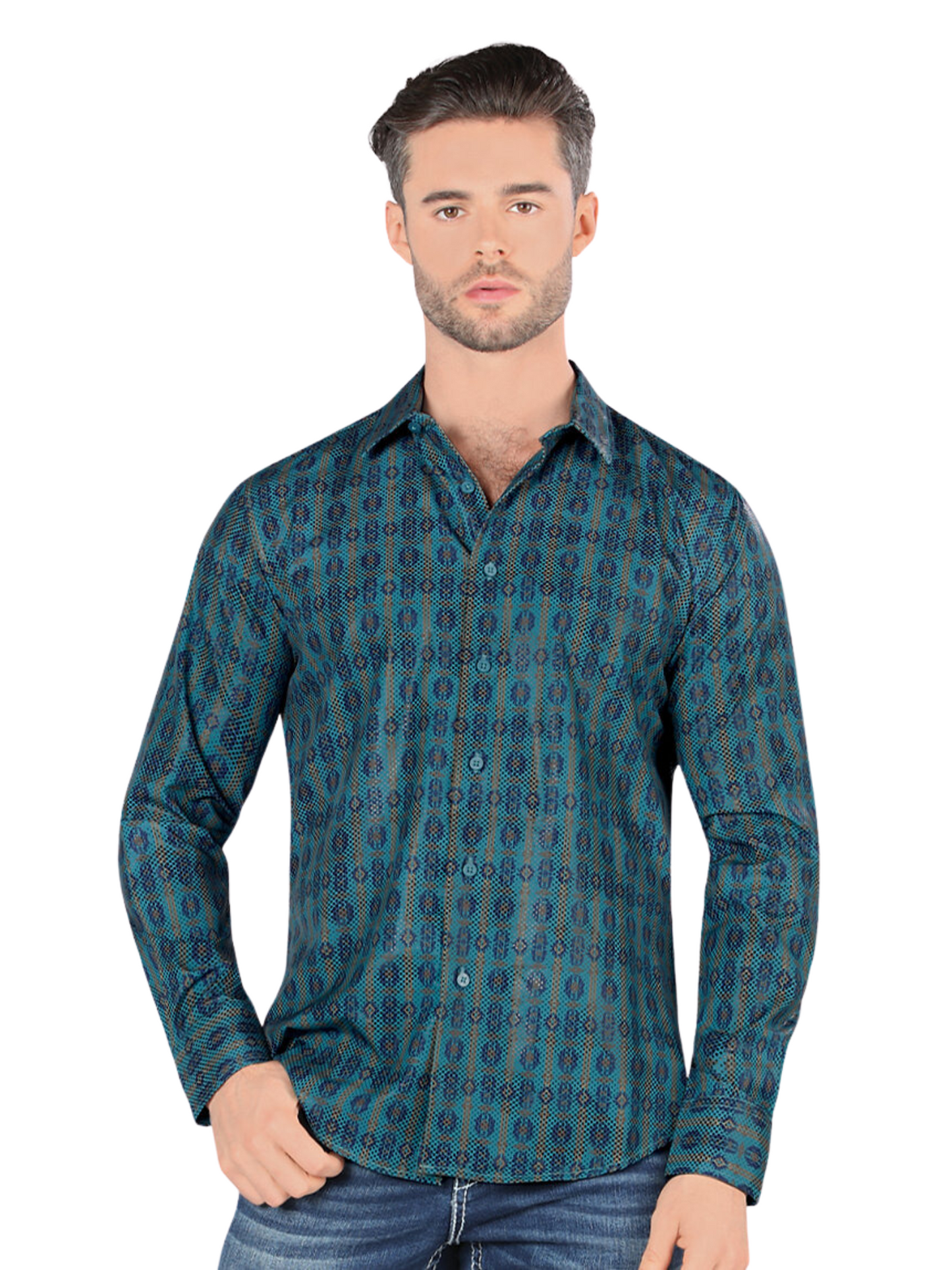 Camisa Casual Manga Larga Estampada para Hombre 'Montero' - ID: 0456 Camisas Estampadas Montero Teal