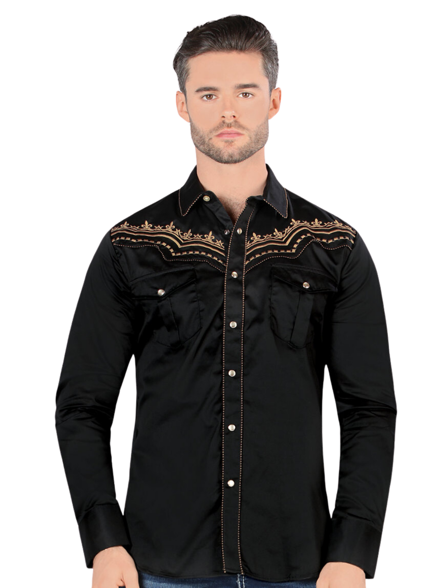 Camisa Vaquera Bordada Manga Larga para Hombre 'Montero' - ID: 3543 Camisas Bordadas Montero Black/Khaki