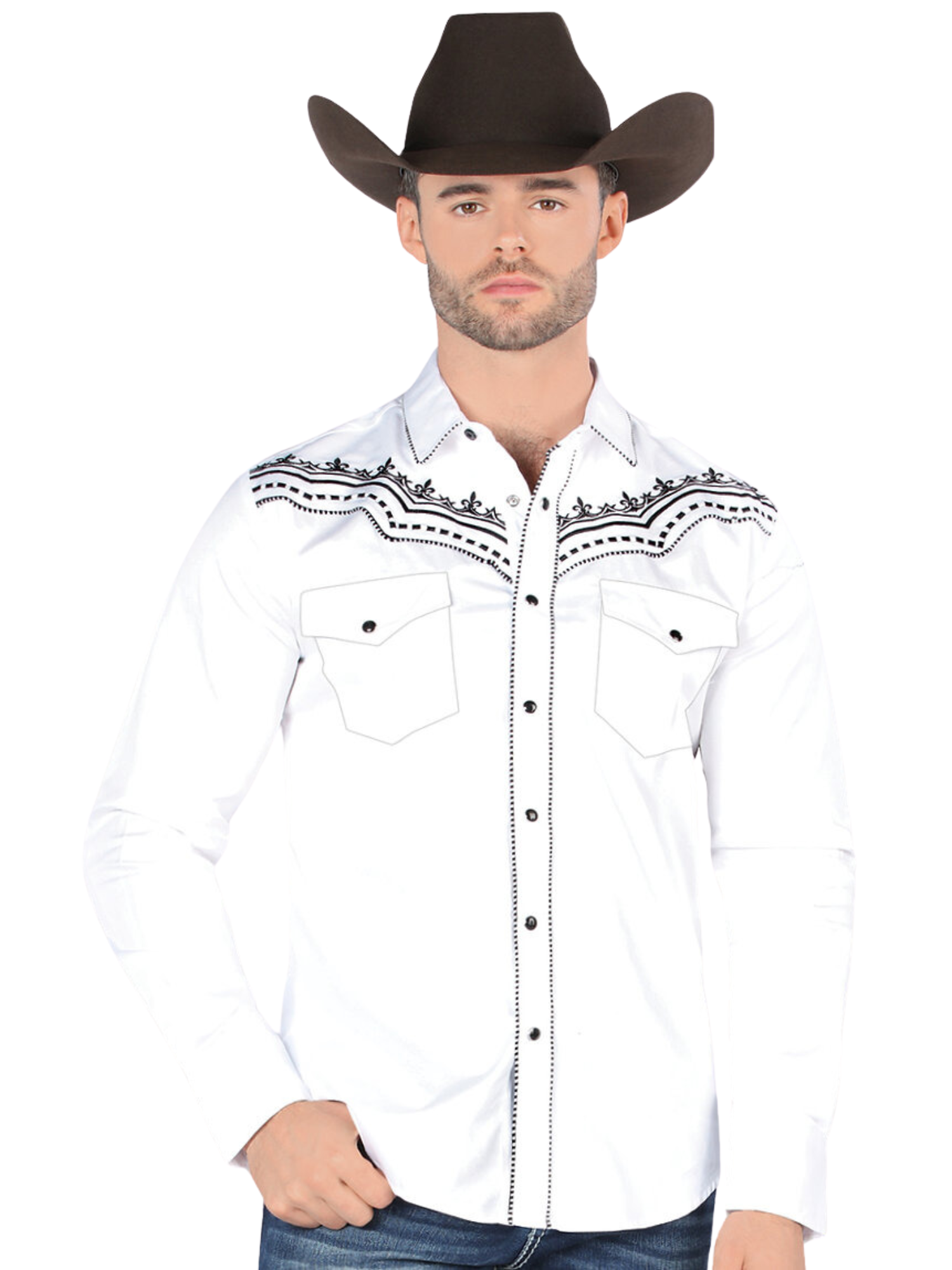 Camisa Vaquera Bordada Manga Larga para Hombre 'Montero' - ID: 3543 Camisas Bordadas Montero White