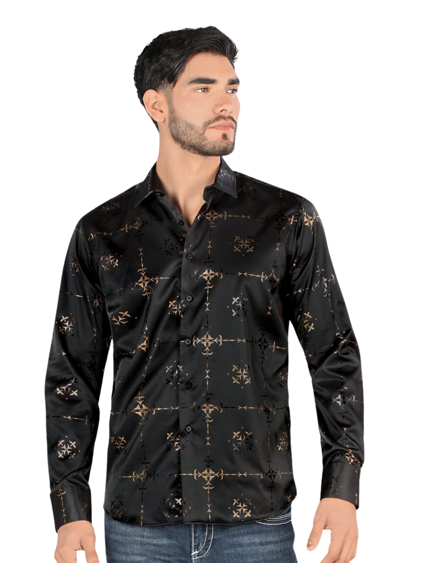 Camisa Casual Manga Larga Estampada para Hombre 'Montero' - ID: 0810 Camisas Estampadas Montero Black