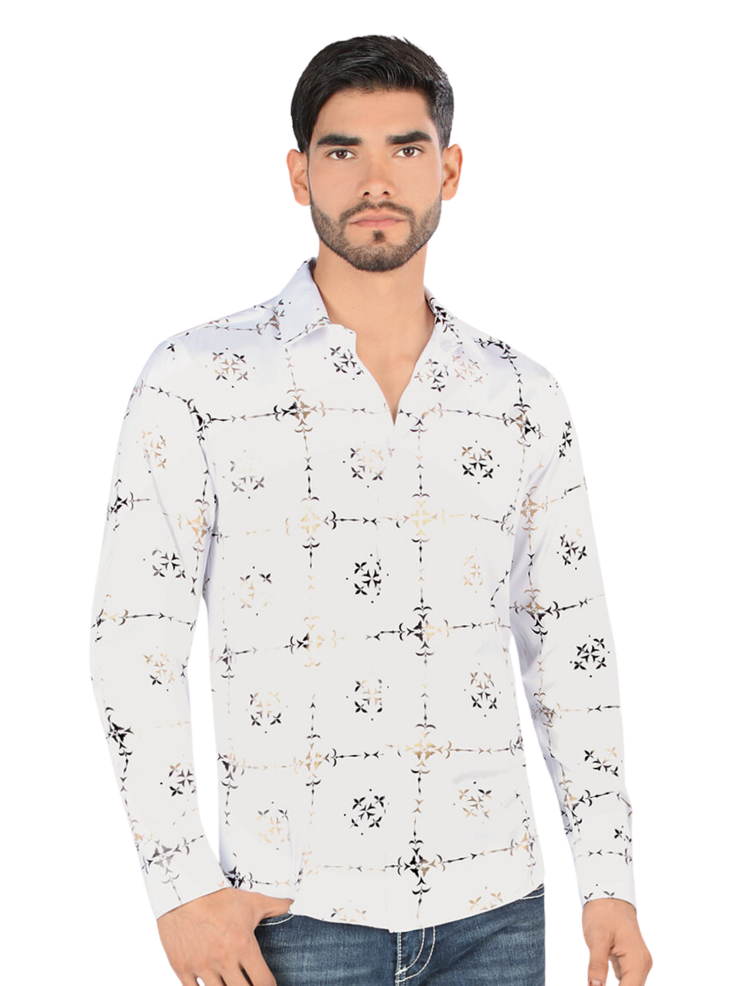 Camisa Casual Manga Larga Estampada para Hombre 'Montero' - ID: 0810 Camisas Estampadas Montero White