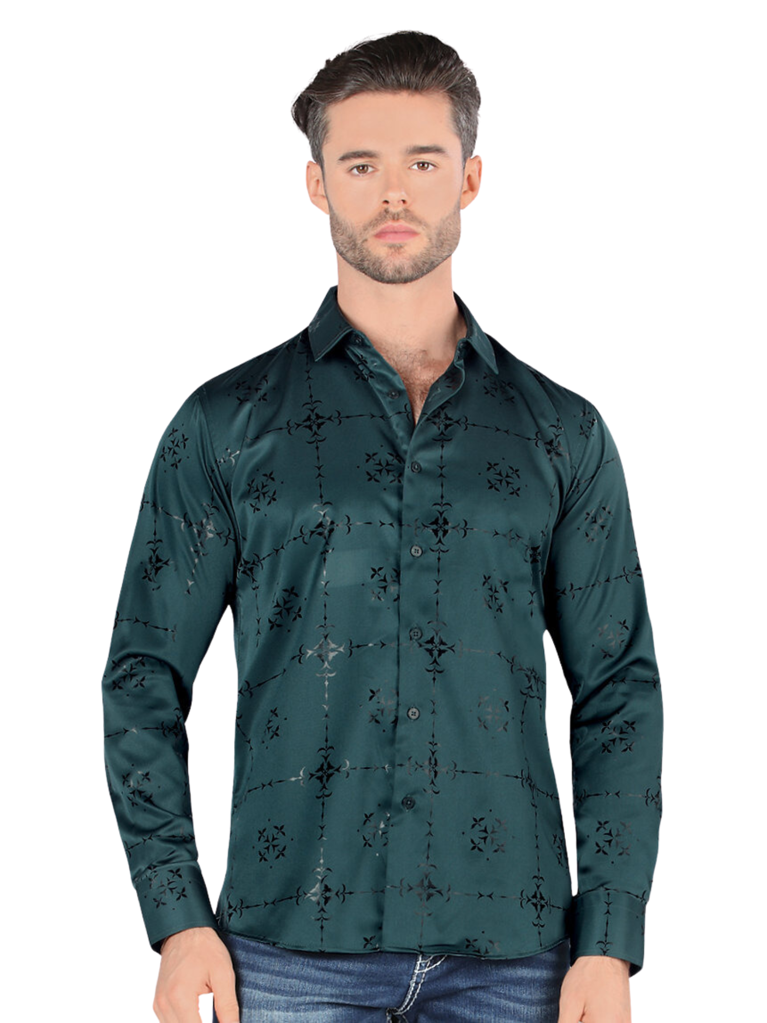 Camisa Casual Manga Larga Estampada para Hombre 'Montero' - ID: 0810 Camisas Estampadas Montero Green