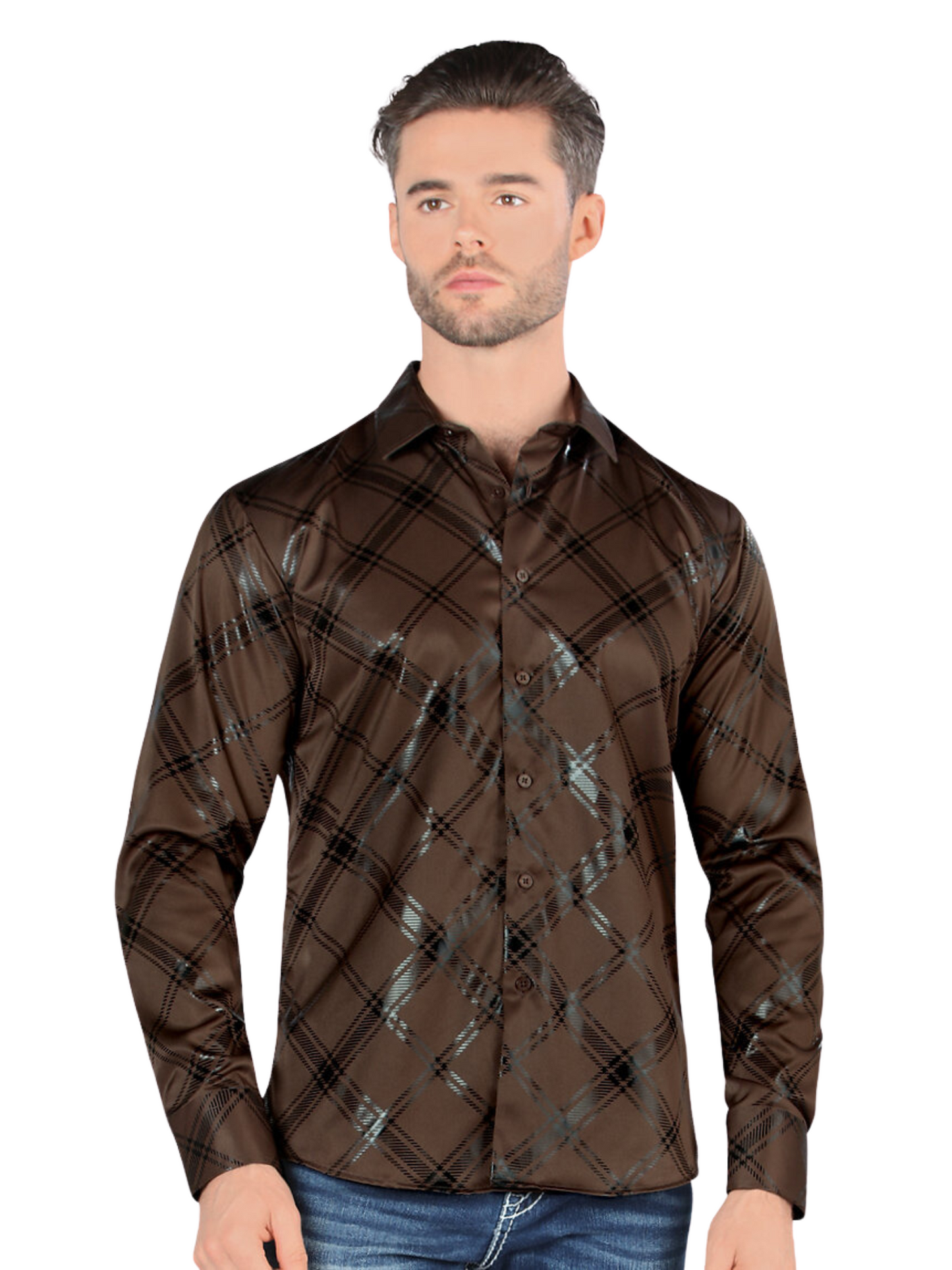 Camisa Casual Manga Larga Estampada Cuadros para Hombre 'Montero' - ID: 0811 Camisas de Cuadros Montero Brown