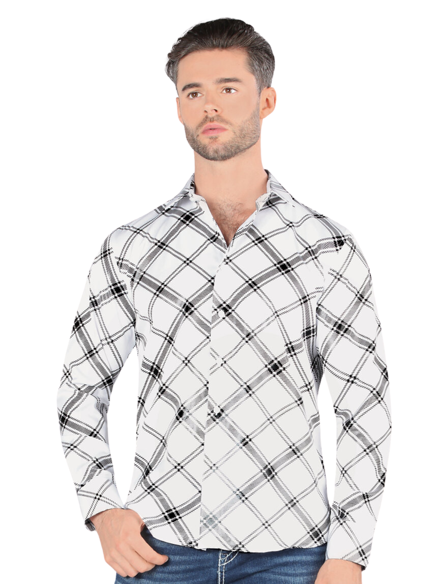 Camisa Casual Manga Larga Estampada Cuadros para Hombre 'Montero' - ID: 0811 Camisas de Cuadros Montero White