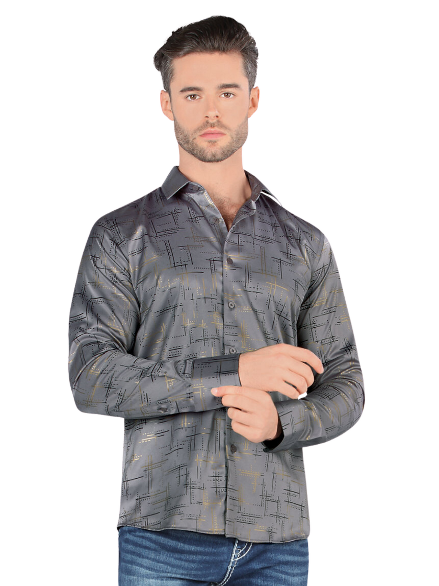 Camisa Casual Manga Larga Estampada para Hombre 'Montero' - ID: 0813 Camisas Estampadas Montero Gray