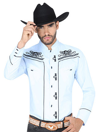 Camisa Vaquera Charra Bordada Manga Larga Azul Claro para Hombre 'El Señor de los Cielos' - ID: 123906 Camisas Charras El Señor de los Cielos Light Blue