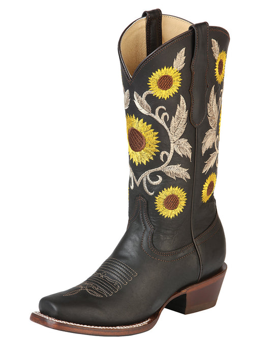 Botas Vaqueras Rodeo con Tubo Bordado de Girasoles de Piel Genuina para Mujer 'Centenario' - ID: 125773 Botas Rodeo Piel Genuina Centenario Choco