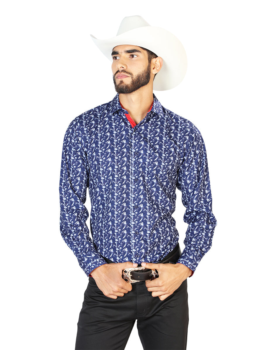 Camisa Vaquera Manga Larga Estampada Azul para Hombre 'El Señor de los Cielos' - ID: 126261 Camisas Estampadas El Señor de los Cielos Blue