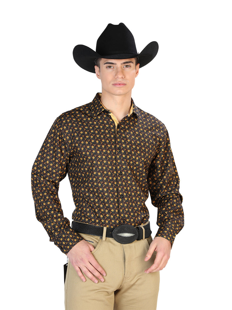 Camisa Vaquera Manga Larga Estampada Negro/Cafe para Hombre 'El Señor de los Cielos' - ID: 126262 Camisas Estampadas El Señor de los Cielos Black/Brown