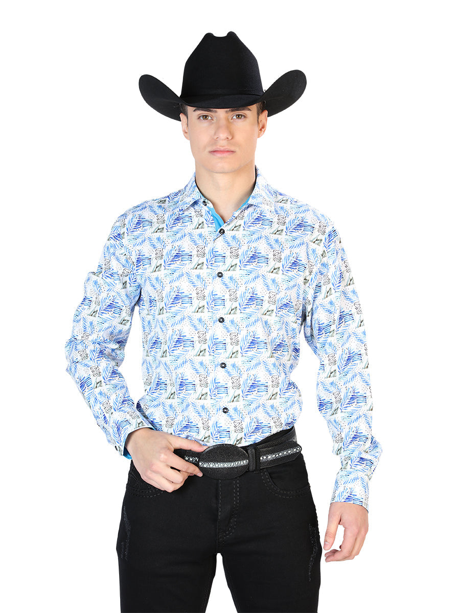 Camisa Vaquera Manga Larga Estampada Blanco para Hombre 'El Señor de los Cielos' - ID: 126277 Western Shirt El Señor de los Cielos White