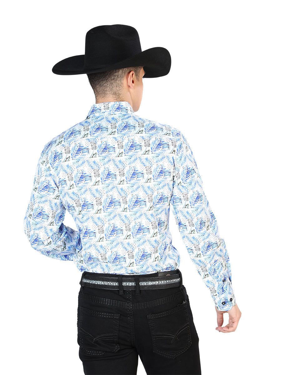 Camisa Vaquera Manga Larga Estampada Blanco para Hombre 'El Señor de los Cielos' - ID: 126277 Western Shirt El Señor de los Cielos 