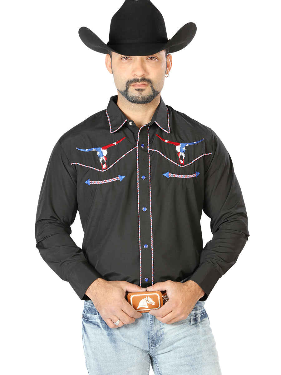 Camisa Vaquera Bordada Manga Larga Negro para Hombre 'El Señor de los Cielos' - ID: 126671 Camisas Bordadas El Señor de los Cielos Black