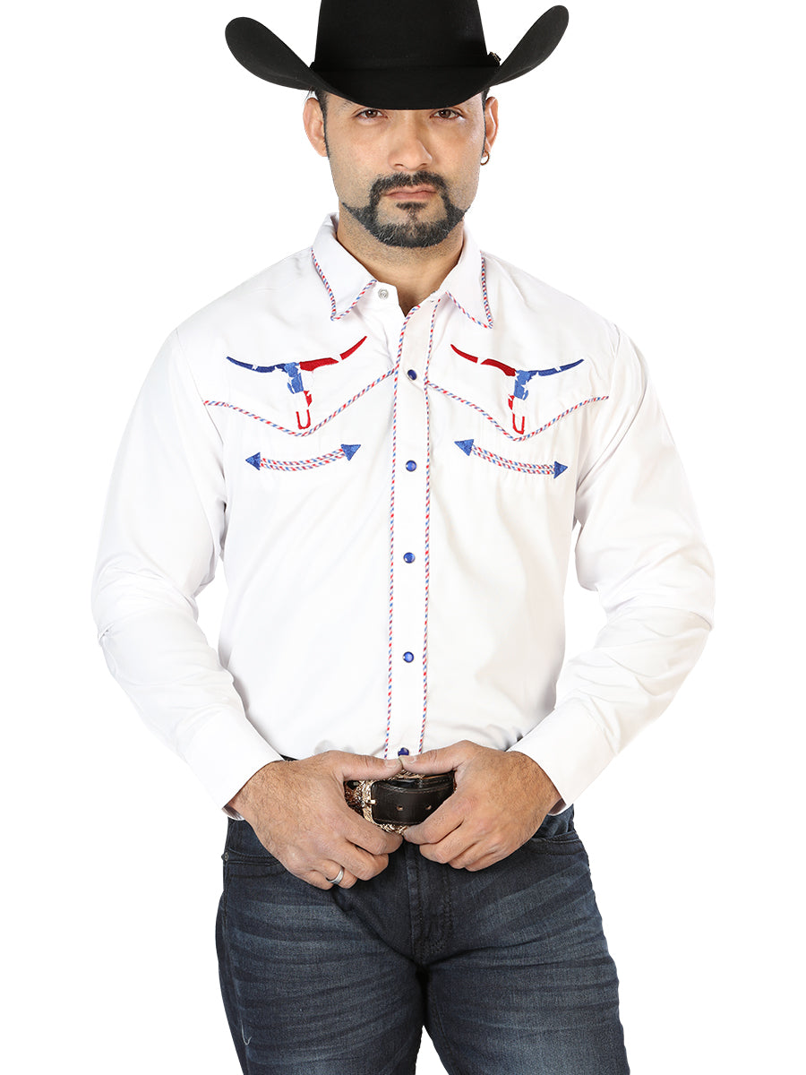 Camisa Vaquera Bordada Manga Larga Blanco para Hombre 'El Señor de los Cielos' - ID: 126672 Camisas Bordadas El Señor de los Cielos White