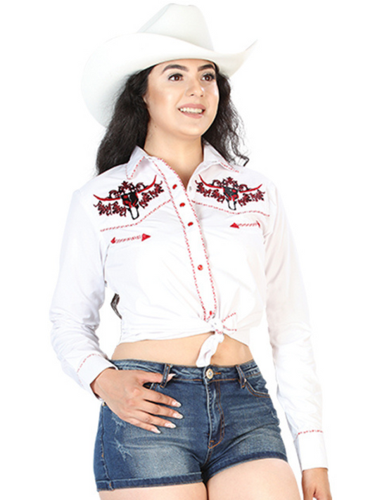 Camisa Vaquera Manga Larga Bordada Blanco para Mujer 'El Señor de los Cielos' - ID: 126674 Camisas Bordadas El Señor de los Cielos White