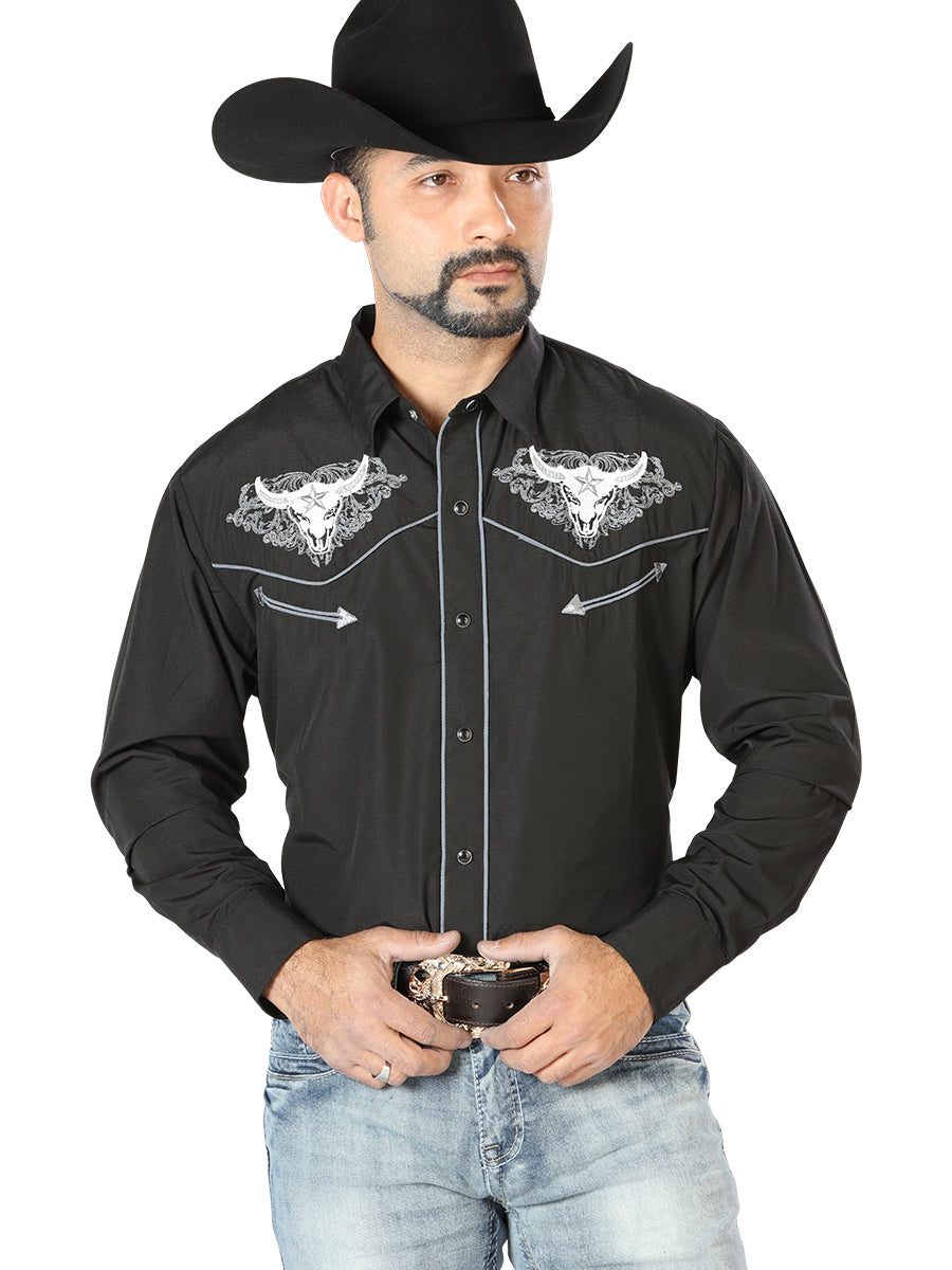 Camisa Vaquera Bordada Manga Larga Negro para Hombre 'El Señor de los Cielos' - ID: 126676 Camisas Bordadas El Señor de los Cielos Black