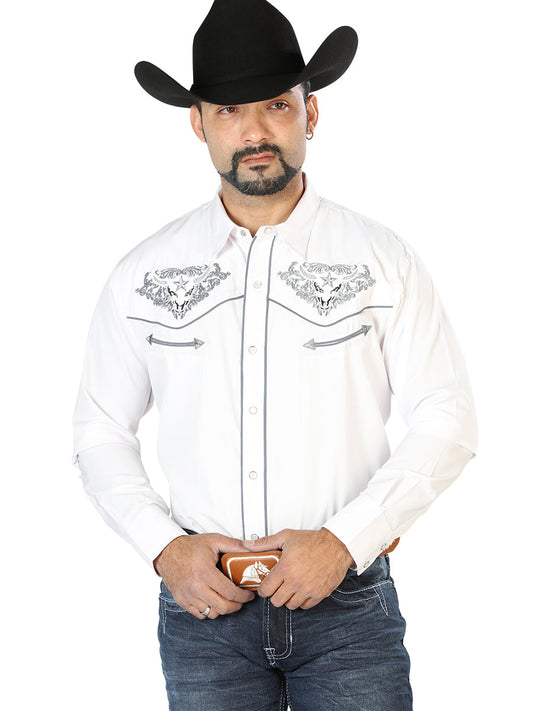 Camisa Vaquera Bordada Manga Larga Blanco para Hombre 'El Señor de los Cielos' - ID: 126677 Camisas Bordadas El Señor de los Cielos White