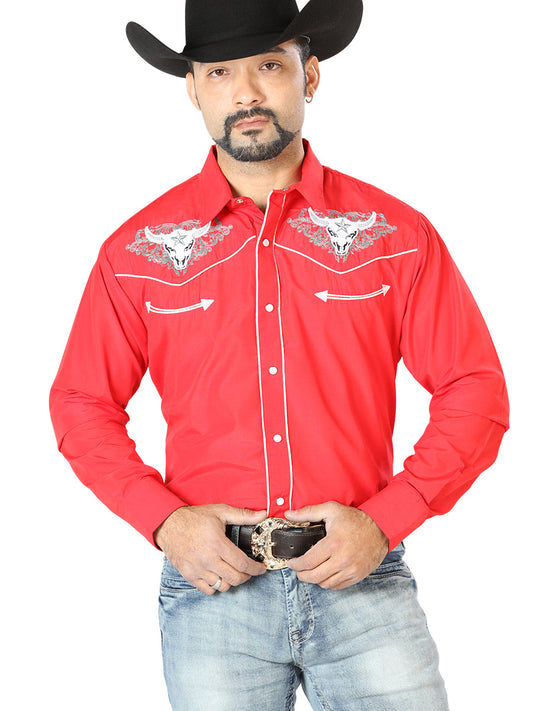 Camisa Vaquera Bordada Manga Larga Rojo para Hombre 'El Señor de los Cielos' - ID: 126678 Camisas Bordadas El Señor de los Cielos Red