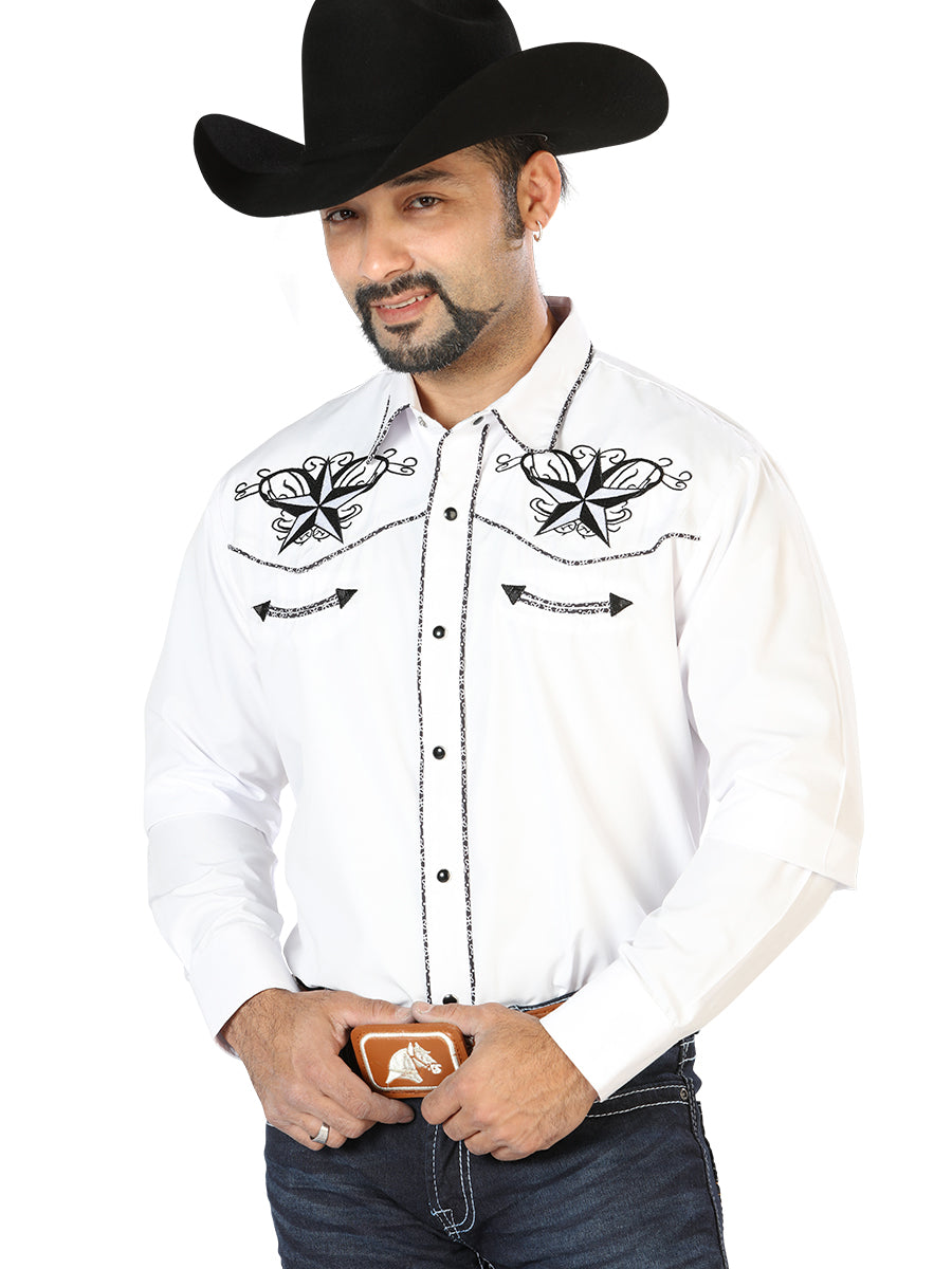 Camisa Vaquera Bordada Manga Larga Blanco para Hombre 'El Señor de los Cielos' - ID: 126683 Camisas Bordadas El Señor de los Cielos White