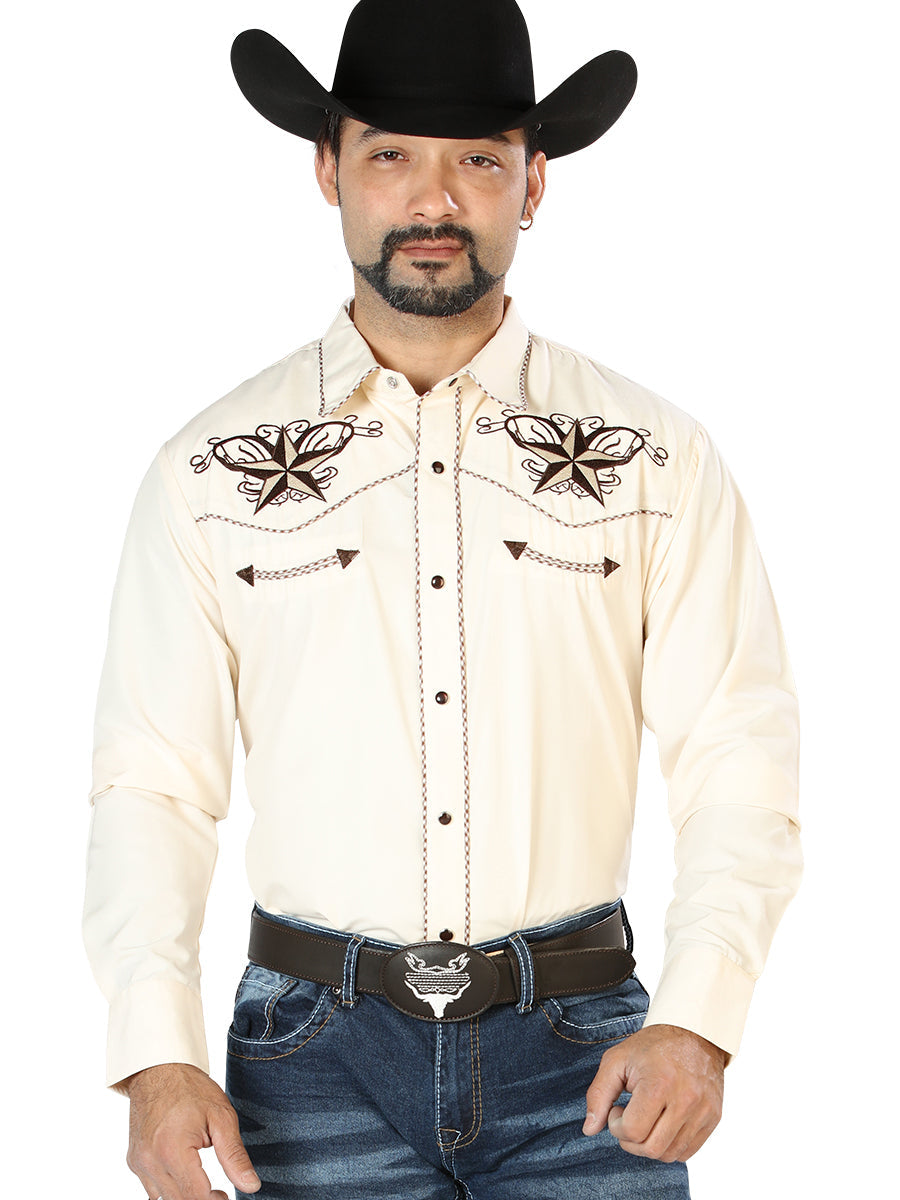 Camisa Vaquera Bordada Manga Larga Beige para Hombre 'El Señor de los Cielos' - ID: 126684 Camisas Bordadas El Señor de los Cielos Beige