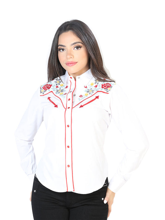 Camisa Vaquera Manga Larga Bordada Blanco para Mujer 'El Señor de los Cielos' - ID: 126686 Camisas Bordadas El Señor de los Cielos White