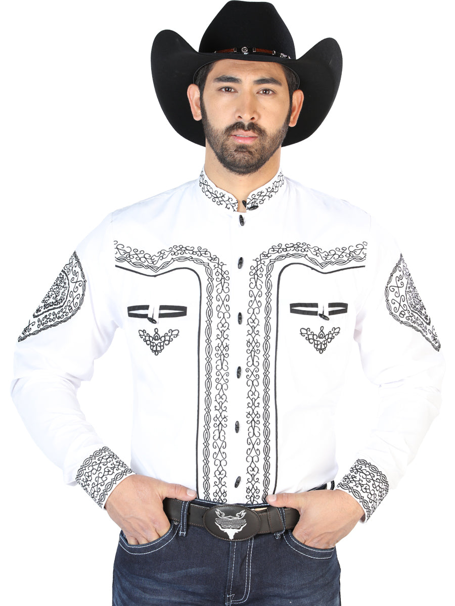 Camisa Vaquera Charra Bordada Manga Larga Blanco para Hombre 'El Señor de los Cielos' - ID: 126688 Camisas Bordadas El Señor de los Cielos White